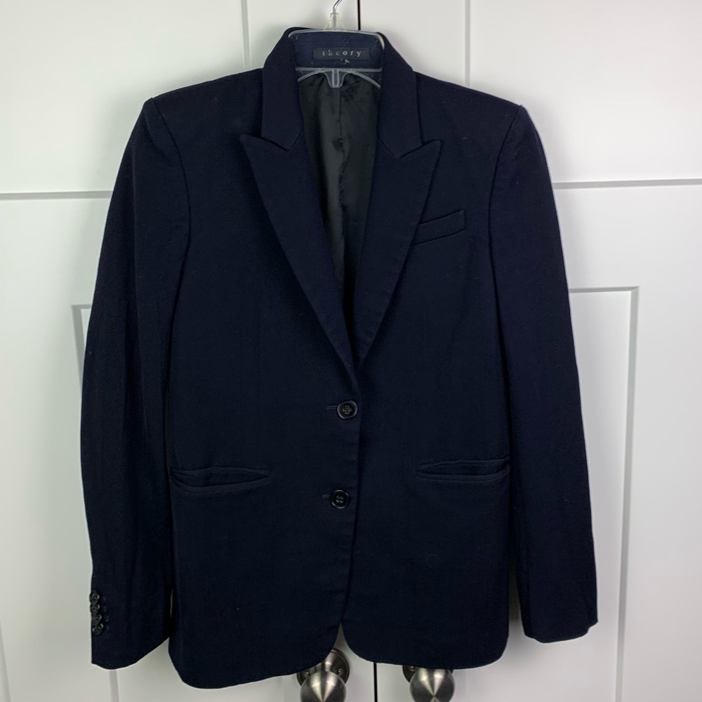 THEORY Size 2 School Boy Blazer Deep Navy Wool Blend 2 Button Academia